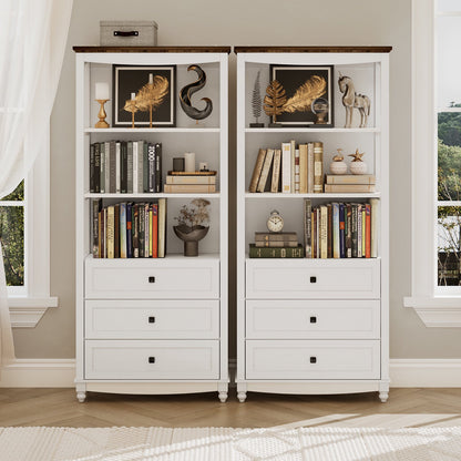 Flycity 71 Inch Tall Bookshelf, 6 Tiers Farmhouse Bookcase with Drawers and Shelves, Kitchen Storage Cabinet, Rustic Freestanding Display Bookshelves for Bedroom Living Room