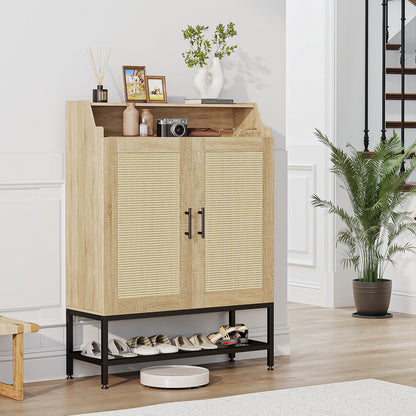 Flycity Rattan Shoe Cabinet with Doors, 7-Tier Shoe Rack Organizer Cabinet with Adjustable Shelves & Buffer Hinge, Freestanding Storage with Anti-Tip Fitting for Entryway, Hallway