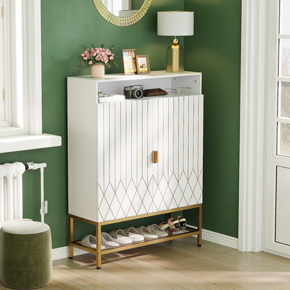 Flycity Modern Shoe Cabinet with Doors, 7-Tier Shoe Rack Organizer Cabinet with Adjustable Shelves & Buffer Hinge, Freestanding Storage with Anti-Tip Fitting for Entryway, Hallway