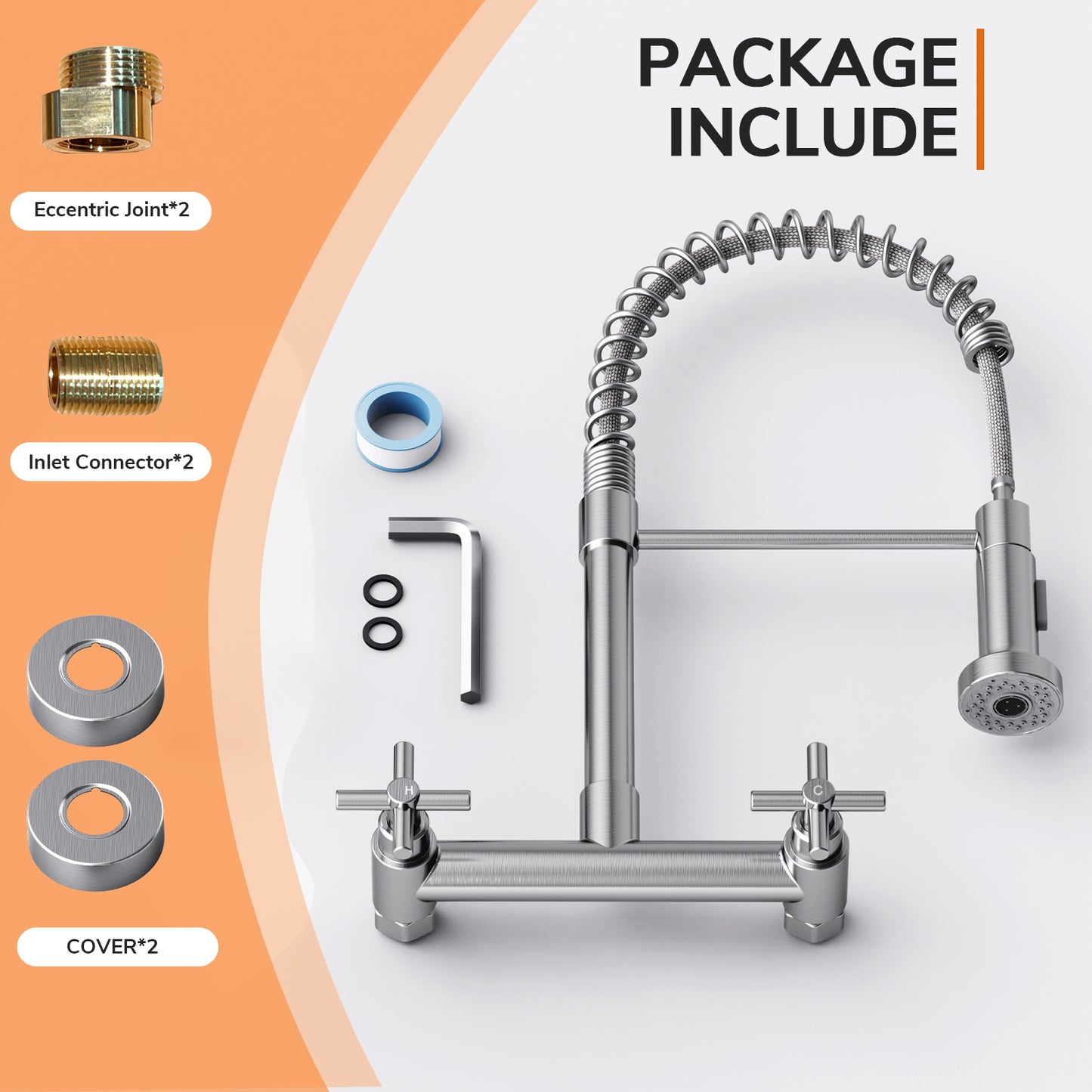 KINGTACK Wall Mount Kitchen Faucet,8 inch Commercial Sink Faucet with Sprayer, Dual Handles Utility Sink Faucet for Kitchen Laundry Restaurant,Stainless Steel