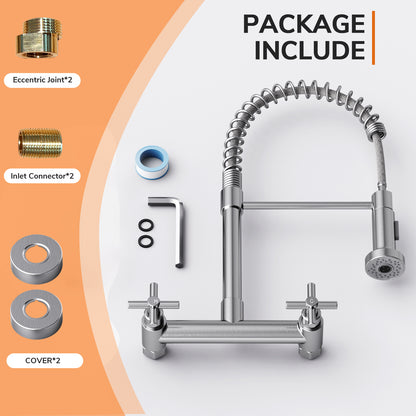 KINGTACK Wall Mount Kitchen Faucet,8 inch Commercial Sink Faucet with Sprayer, Dual Handles Utility Sink Faucet for Kitchen Laundry Restaurant,Stainless Steel