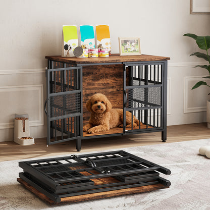 KINGTACK 31.5" Foldable Dog Crate Furniture, Assemble-Free Heavy Duty Dog Cage for Small Medium Dogs, Chew Resistant Dog Kennel Indoor, Folding Crate for Bedroom Living Room, Black