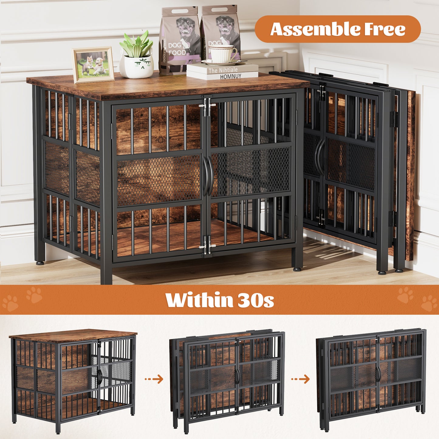 KINGTACK 31.5" Foldable Dog Crate Furniture, Assemble-Free Heavy Duty Dog Cage for Small Medium Dogs, Chew Resistant Dog Kennel Indoor, Folding Crate for Bedroom Living Room, Black
