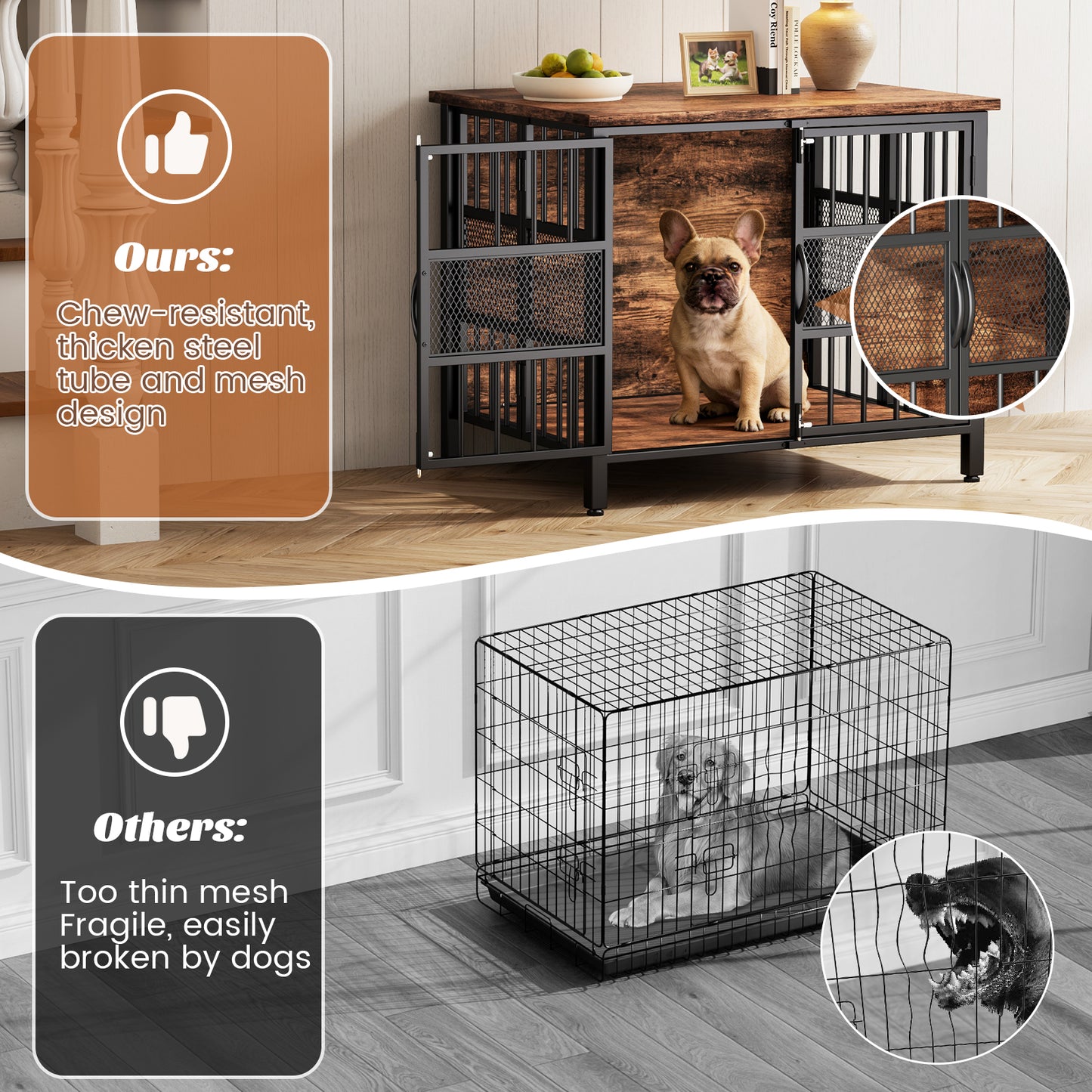 KINGTACK 31.5" Foldable Dog Crate Furniture, Assemble-Free Heavy Duty Dog Cage for Small Medium Dogs, Chew Resistant Dog Kennel Indoor, Folding Crate for Bedroom Living Room, Black