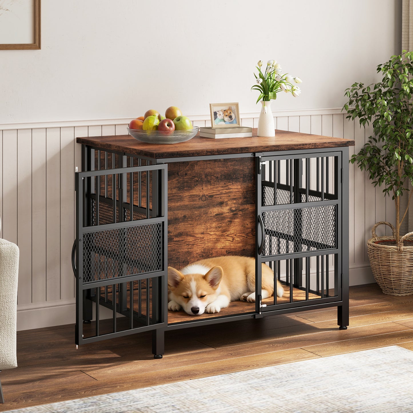 KINGTACK 31.5" Foldable Dog Crate Furniture, Assemble-Free Heavy Duty Dog Cage for Small Medium Dogs, Chew Resistant Dog Kennel Indoor, Folding Crate for Bedroom Living Room, Black