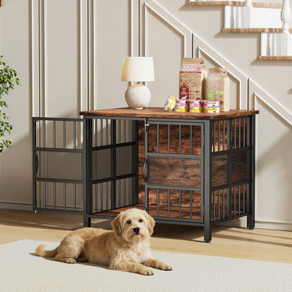 KINGTACK 31.5" Foldable Dog Crate Furniture, Assemble-Free Heavy Duty Dog Cage for Small Medium Dogs, Chew Resistant Dog Kennel Indoor, Folding Crate for Bedroom Living Room, Black