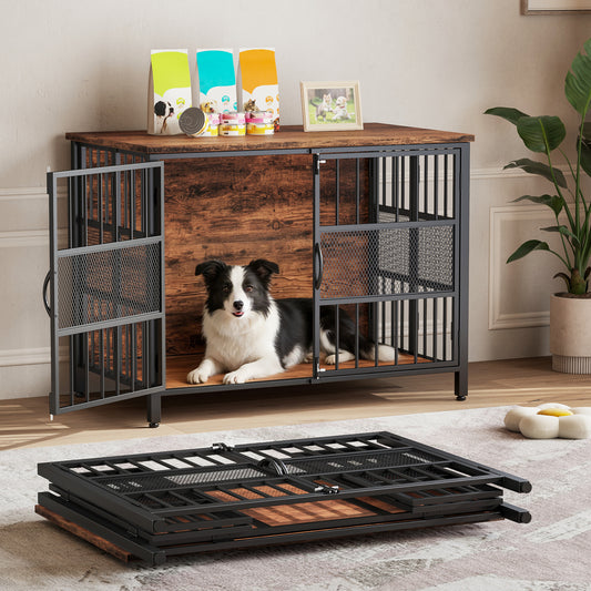 KINGTACK 41" Foldable Dog Crate Furniture, Assemble-Free Heavy Duty Dog Cage for Medium Large Dogs, Chew Resistant Dog Kennel Indoor, Folding Crate for Bedroom Living Room, Black