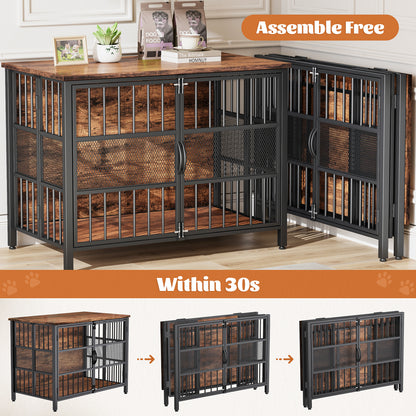 KINGTACK 41" Foldable Dog Crate Furniture, Assemble-Free Heavy Duty Dog Cage for Medium Large Dogs, Chew Resistant Dog Kennel Indoor, Folding Crate for Bedroom Living Room, Black