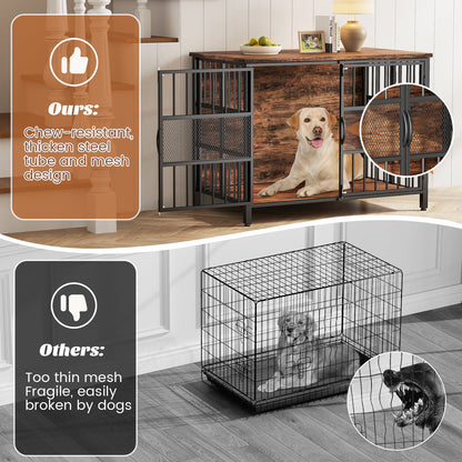 KINGTACK 41" Foldable Dog Crate Furniture, Assemble-Free Heavy Duty Dog Cage for Medium Large Dogs, Chew Resistant Dog Kennel Indoor, Folding Crate for Bedroom Living Room, Black