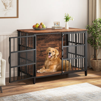KINGTACK 41" Foldable Dog Crate Furniture, Assemble-Free Heavy Duty Dog Cage for Medium Large Dogs, Chew Resistant Dog Kennel Indoor, Folding Crate for Bedroom Living Room, Black