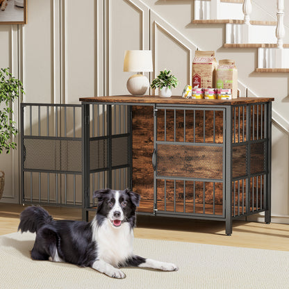 KINGTACK 41" Foldable Dog Crate Furniture, Assemble-Free Heavy Duty Dog Cage for Medium Large Dogs, Chew Resistant Dog Kennel Indoor, Folding Crate for Bedroom Living Room, Black