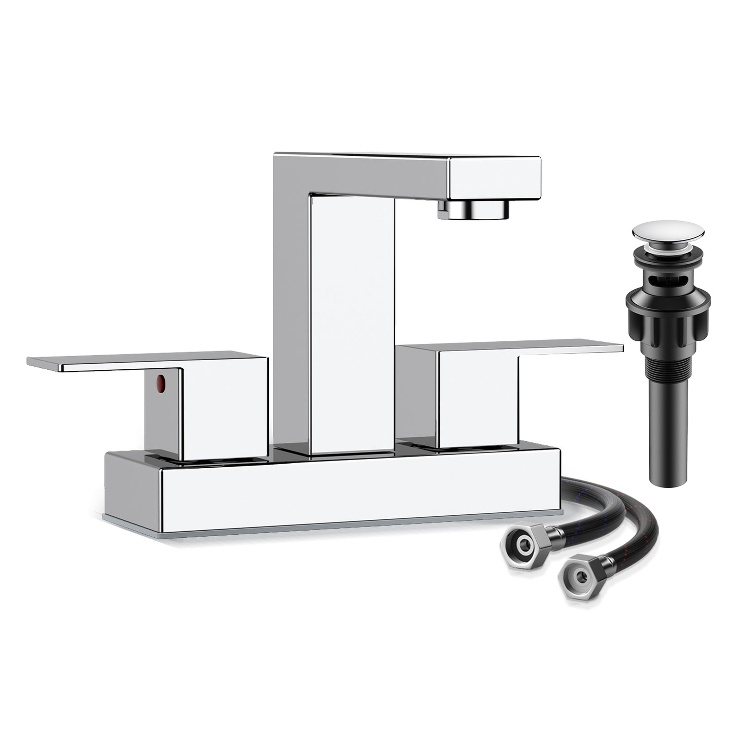 KINGTACK Bathroom Faucet, 4 inch Chrome Bathroom Faucets for Sink 3 Hole with Pop-up Drain and Supply Lines, Stainless Steel 2-Handle Waterfall Faucet for Bathroom Sink Vanity RV Restroom