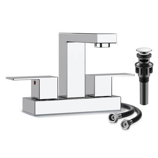 KINGTACK Bathroom Faucet, 4 inch Chrome Bathroom Faucets for Sink 3 Hole with Pop-up Drain and Supply Lines, Stainless Steel 2-Handle Waterfall Faucet for Bathroom Sink Vanity RV Restroom