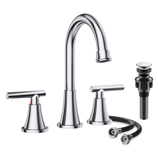 KINGTACK Bathroom Faucet, Chrome Bathroom Sink Faucet with Pop-up Drain and Supply Lines, Stainless Steel Lead-Free Widespread Faucet for Bathroom Sink Vanity RV Farmhouse Sink