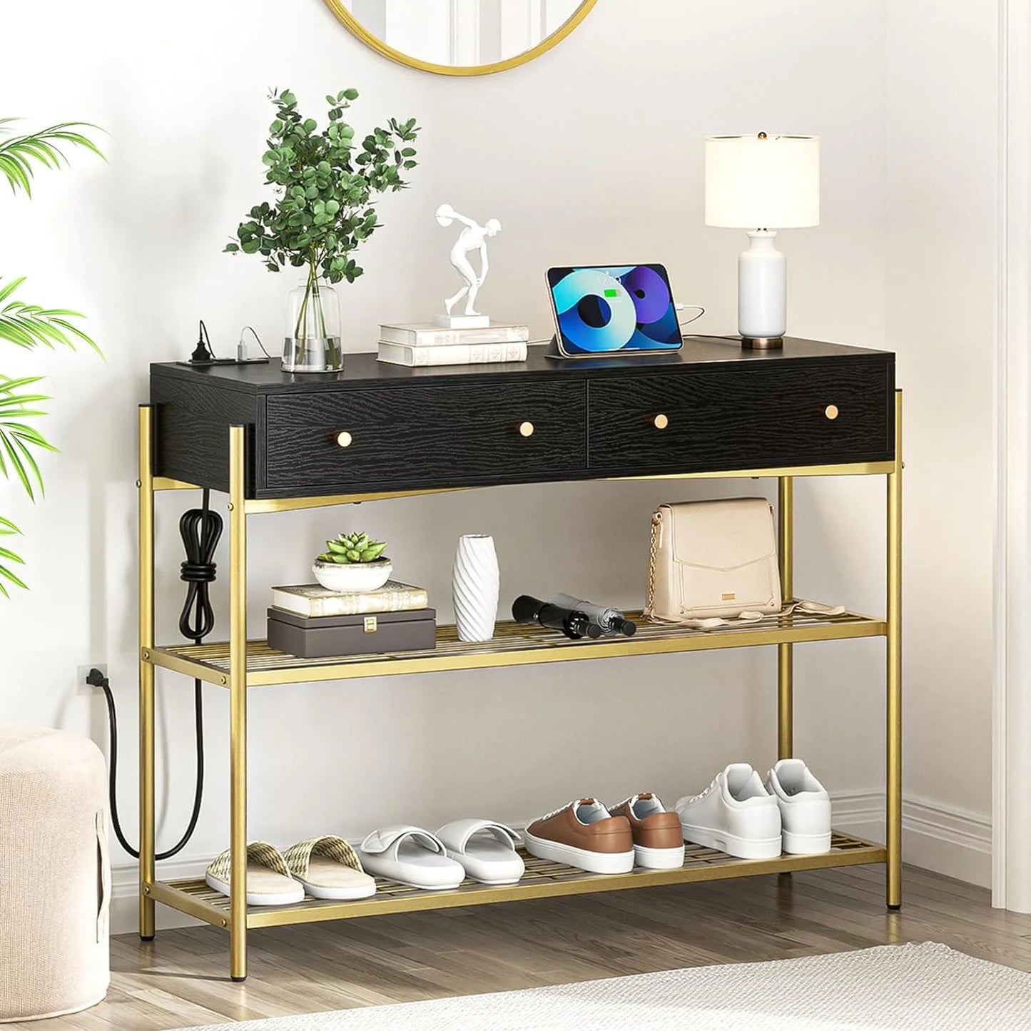 Flycity Metal Frame Console Tables for Entryway with 2 Drawers & Charging Station(with 2 Outlet and 2 USB Ports), 39'' Long Sofa Console Table with 3 Tier Storage Shelves for Living Room, Hallway