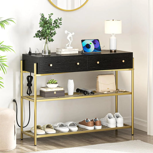 Flycity Metal Frame Console Tables for Entryway with 2 Drawers & Charging Station(with 2 Outlet and 2 USB Ports), 39'' Long Sofa Console Table with 3 Tier Storage Shelves for Living Room, Hallway