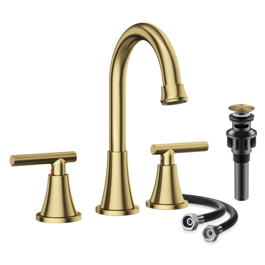 KINGTACK Bathroom Faucets for Sink 3 Hole, Brushed Gold Bathroom Sink Faucet with Pop-up Drain and Supply Lines, Stainless Steel Lead-Free Widespread Faucet for Bathroom Sink Vanity RV Farmhouse Sink