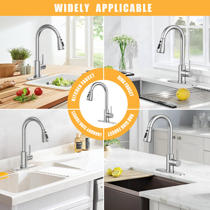 KINGTACK Kitchen Faucet with Pull Down Sprayer, Single Handle High Arc Brushed Nickel Kitchen Sink Faucets with Deck Plate Suit to 1 or 3 Holes