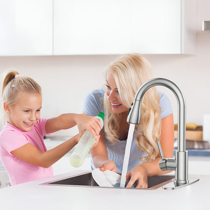 KINGTACK Kitchen Faucet with Pull Down Sprayer, Single Handle High Arc Brushed Nickel Kitchen Sink Faucets with Deck Plate Suit to 1 or 3 Holes