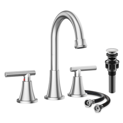 KINGTACK Bathroom Faucet for Sink 3 Hole, 8 Inch Bathroom Faucets with Pop-up Drain and Supply Lines, Brushed Nickel