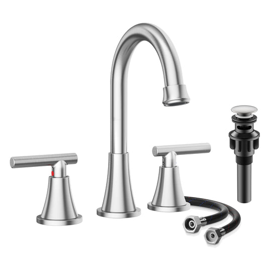 KINGTACK Bathroom Sink Faucet, Brushed Nickel Bathroom Faucets with Pop-up Drain and Supply Lines, Stainless Steel Lead-Free Widespread Faucet for Bathroom Sink Vanity RV Farmhouse Sink