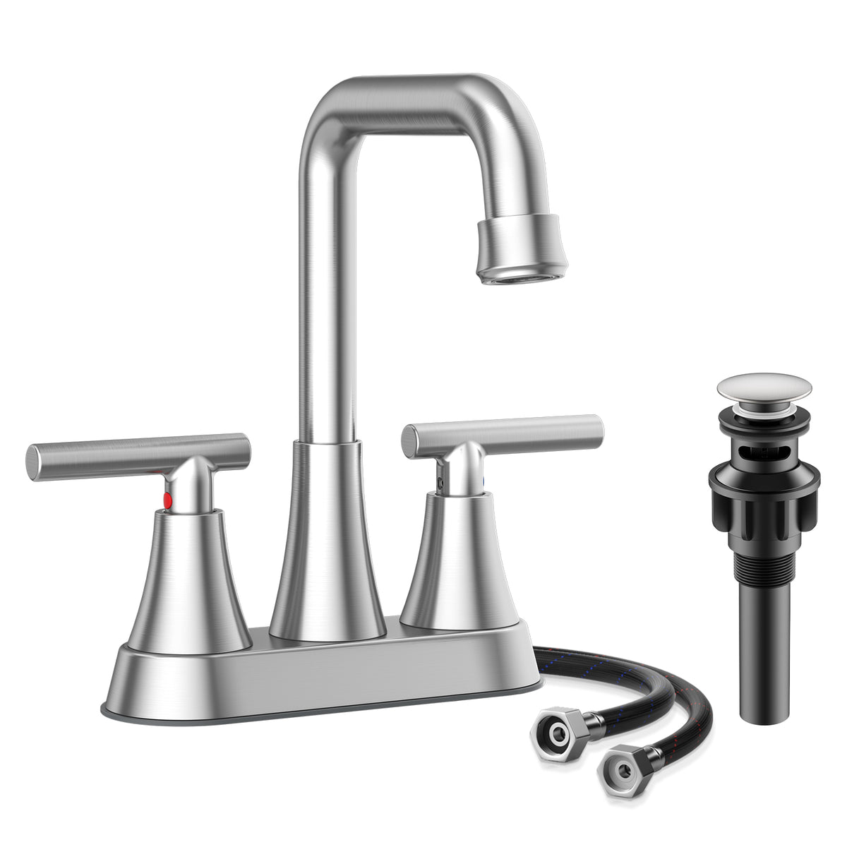 KINGTACK Bathroom Sink Faucet, 4 inch Brushed Nickel Bathroom Faucets with Pop-up Drain and Supply Lines, Stainless Steel 2-Handle Centerset Faucet for Bathroom Faucet 3 Hole