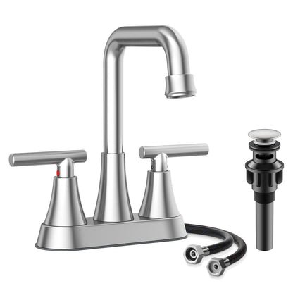 KINGTACK Bathroom Sink Faucet, 4 inch Brushed Nickel Bathroom Faucets with Pop-up Drain and Supply Lines, Stainless Steel 2-Handle Centerset Faucet for Bathroom Faucet 3 Hole