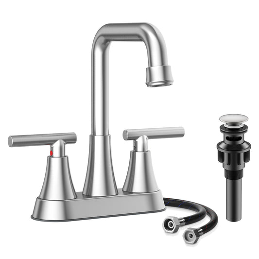 KINGTACK Bathroom Sink Faucet, 4 inch Brushed Nickel Bathroom Faucets with Pop-up Drain and Supply Lines, Stainless Steel 2-Handle Centerset Faucet for Bathroom Faucet 3 Hole