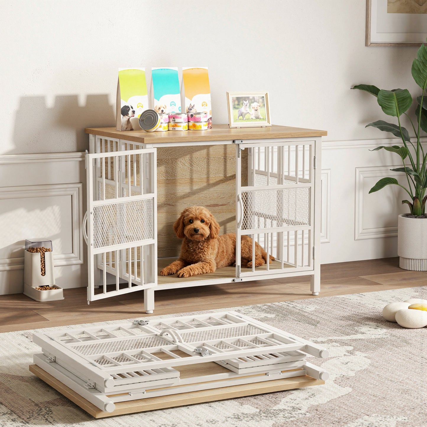 KINGTACK 31.5" Foldable Dog Crate Furniture, Assemble-Free Heavy Duty Dog Cage for Small Medium Dogs, Chew Resistant Dog Kennel Indoor, Folding Crate for Bedroom Living Room, White