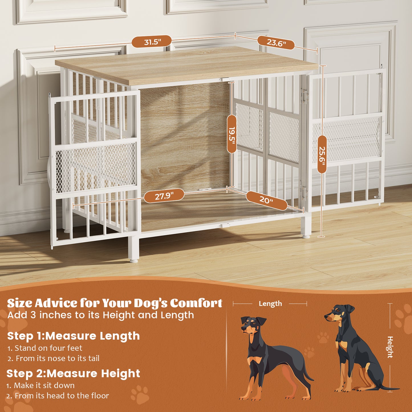 KINGTACK 31.5" Foldable Dog Crate Furniture, Assemble-Free Heavy Duty Dog Cage for Small Medium Dogs, Chew Resistant Dog Kennel Indoor, Folding Crate for Bedroom Living Room, White