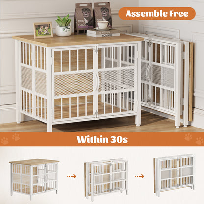 KINGTACK 31.5" Foldable Dog Crate Furniture, Assemble-Free Heavy Duty Dog Cage for Small Medium Dogs, Chew Resistant Dog Kennel Indoor, Folding Crate for Bedroom Living Room, White
