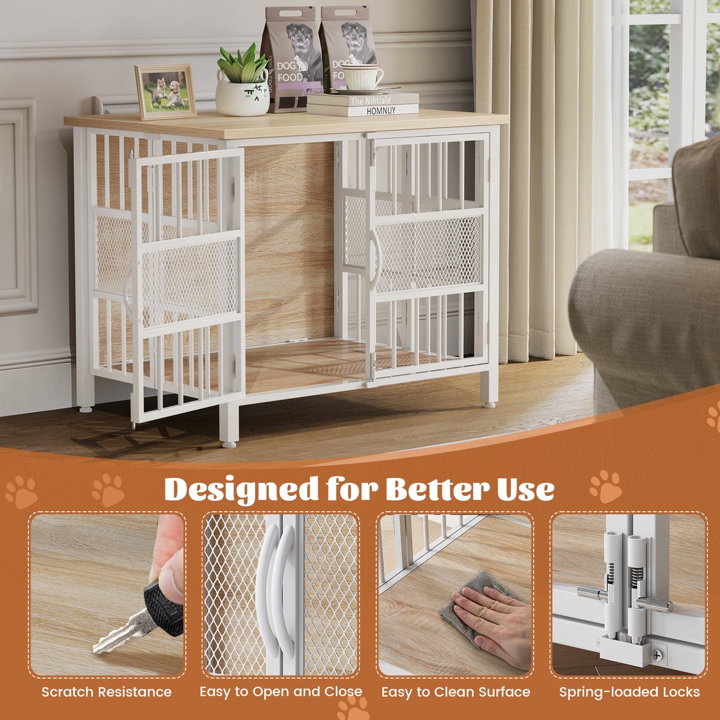 KINGTACK 31.5" Foldable Dog Crate Furniture, Assemble-Free Heavy Duty Dog Cage for Small Medium Dogs, Chew Resistant Dog Kennel Indoor, Folding Crate for Bedroom Living Room, White