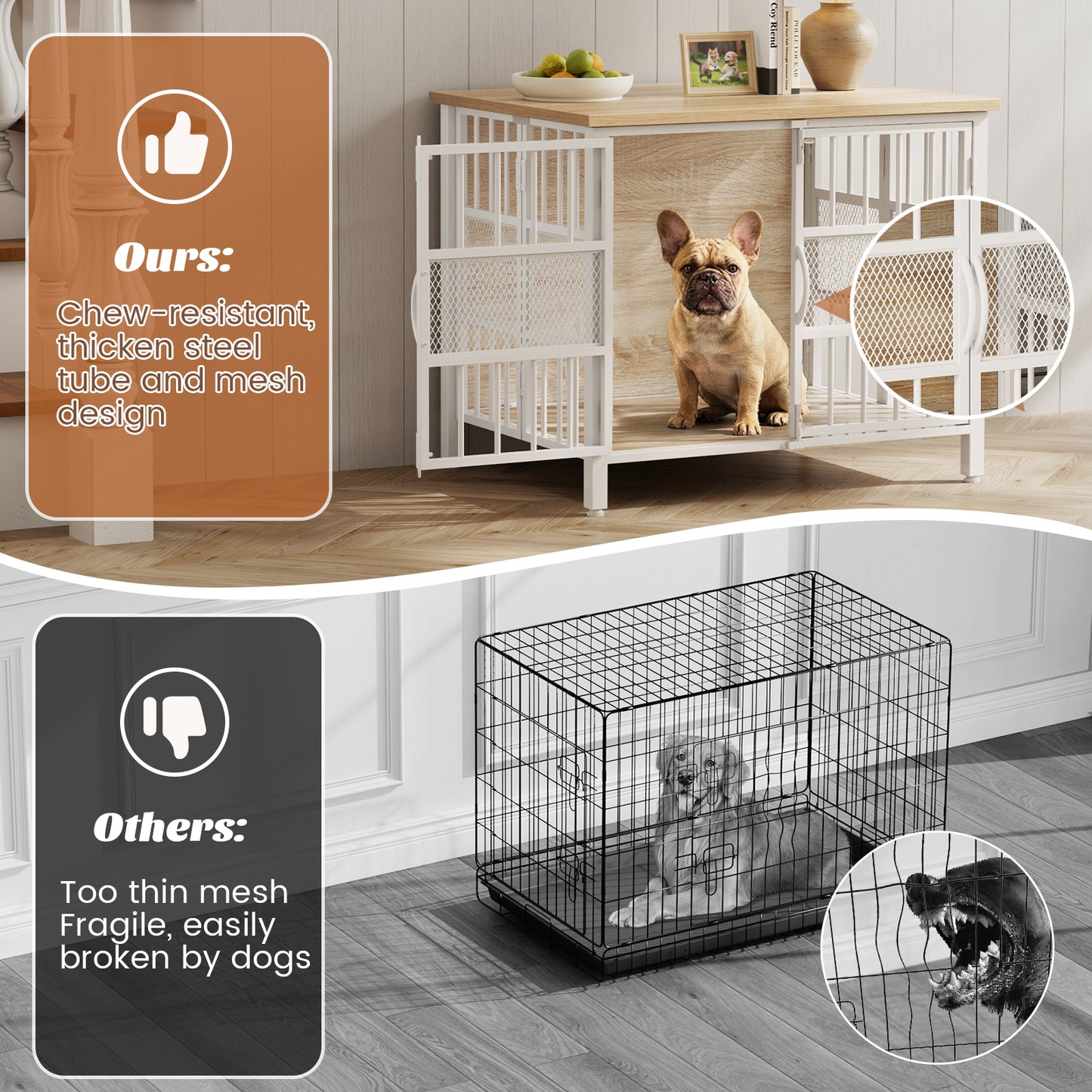 KINGTACK 31.5" Foldable Dog Crate Furniture, Assemble-Free Heavy Duty Dog Cage for Small Medium Dogs, Chew Resistant Dog Kennel Indoor, Folding Crate for Bedroom Living Room, White