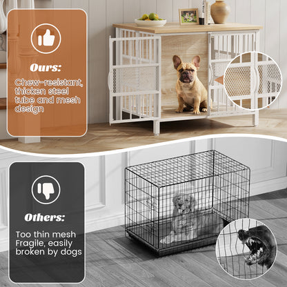 KINGTACK 31.5" Foldable Dog Crate Furniture, Assemble-Free Heavy Duty Dog Cage for Small Medium Dogs, Chew Resistant Dog Kennel Indoor, Folding Crate for Bedroom Living Room, White