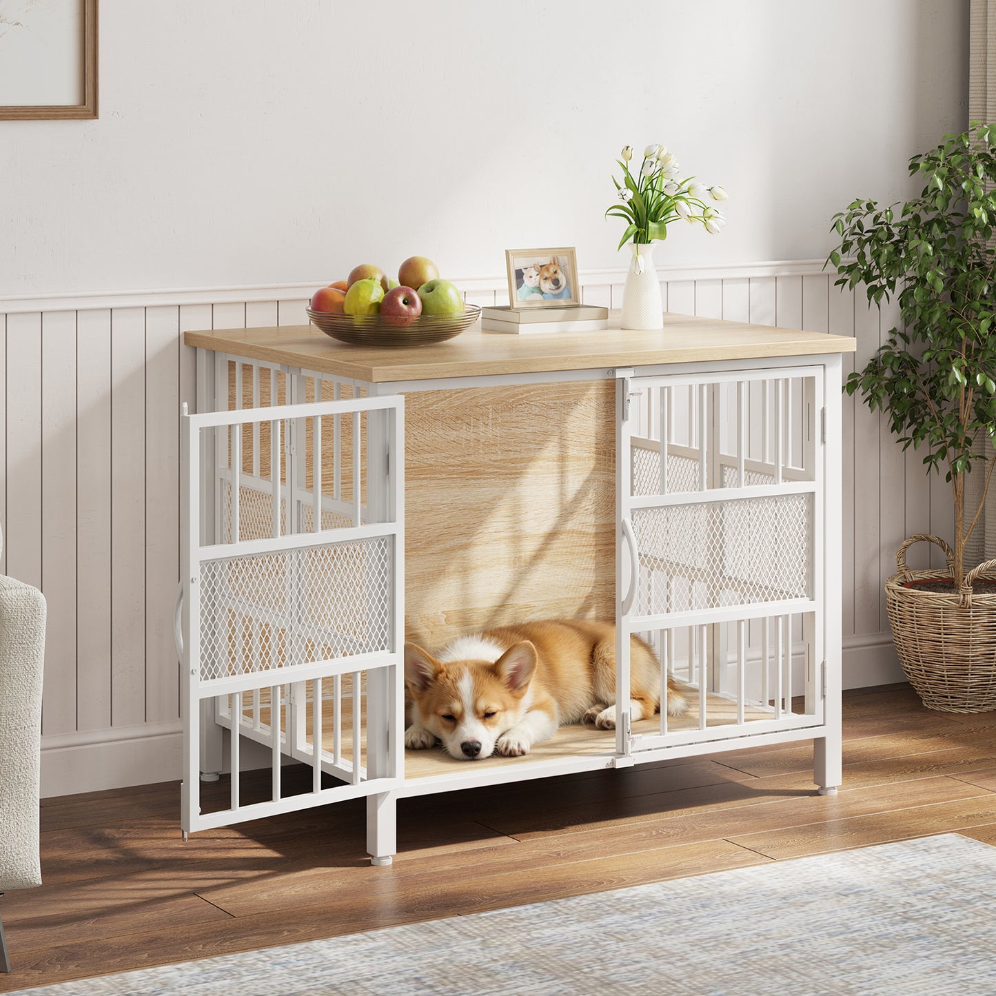 KINGTACK 31.5" Foldable Dog Crate Furniture, Assemble-Free Heavy Duty Dog Cage for Small Medium Dogs, Chew Resistant Dog Kennel Indoor, Folding Crate for Bedroom Living Room, White