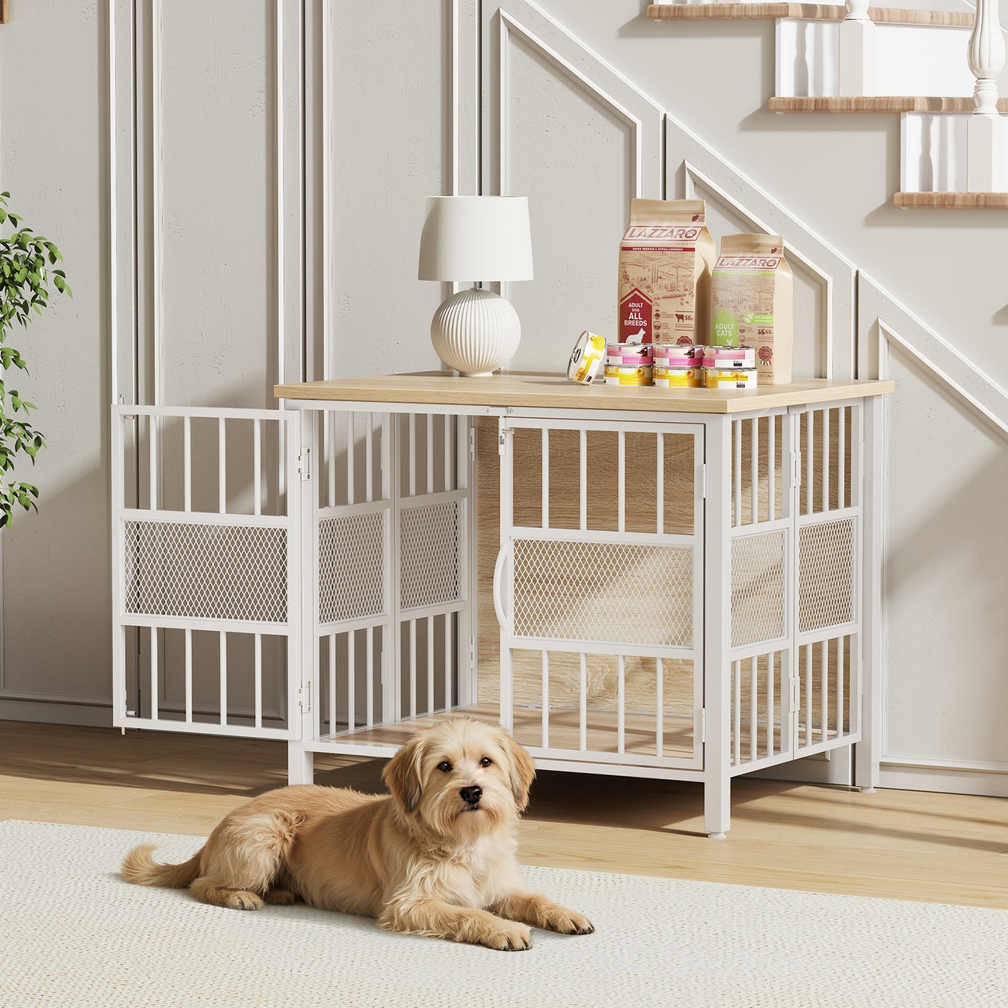 KINGTACK 31.5" Foldable Dog Crate Furniture, Assemble-Free Heavy Duty Dog Cage for Small Medium Dogs, Chew Resistant Dog Kennel Indoor, Folding Crate for Bedroom Living Room, White