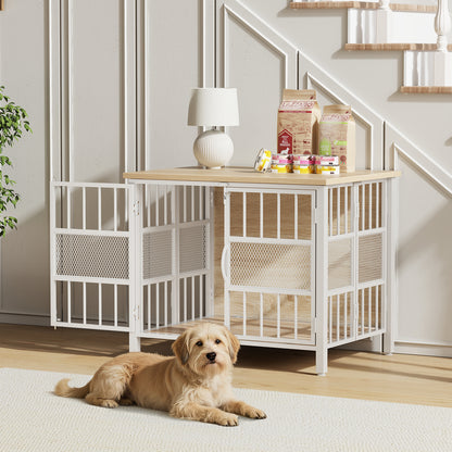 KINGTACK 31.5" Foldable Dog Crate Furniture, Assemble-Free Heavy Duty Dog Cage for Small Medium Dogs, Chew Resistant Dog Kennel Indoor, Folding Crate for Bedroom Living Room, White