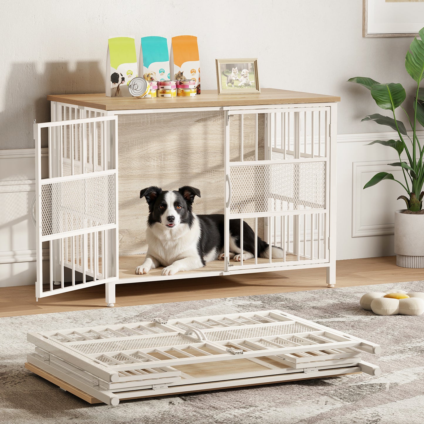 KINGTACK 41" Foldable Dog Crate Furniture, Assemble-Free Heavy Duty Dog Cage for Medium Large Dogs, Chew Resistant Dog Kennel Indoor, Folding Crate for Bedroom Living Room, White