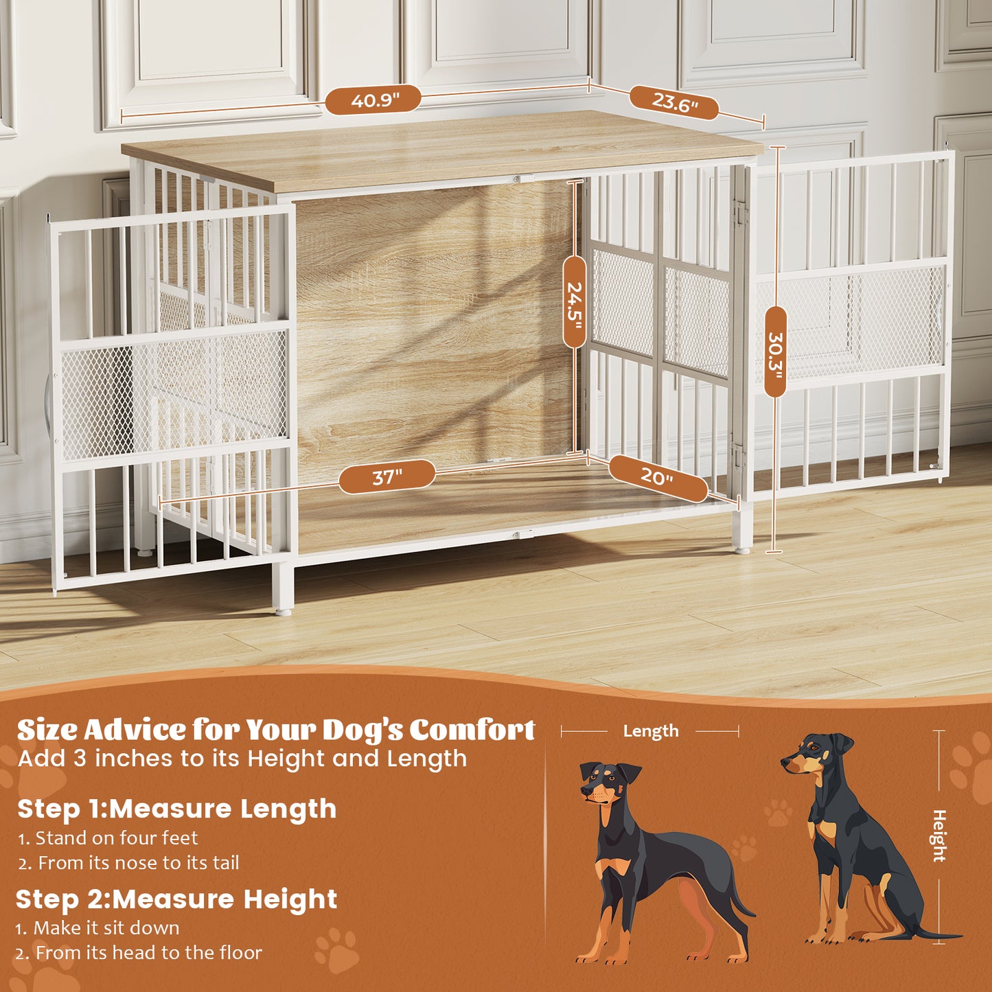 KINGTACK 41" Foldable Dog Crate Furniture, Assemble-Free Heavy Duty Dog Cage for Medium Large Dogs, Chew Resistant Dog Kennel Indoor, Folding Crate for Bedroom Living Room, White