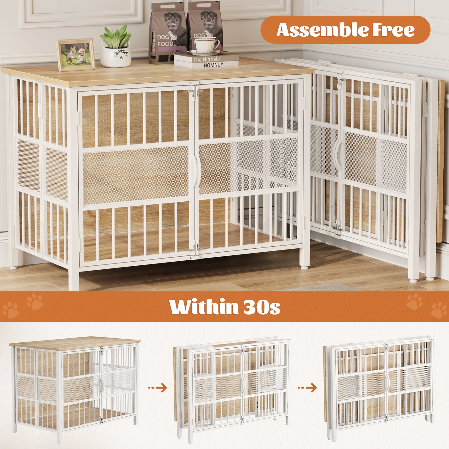 KINGTACK 41" Foldable Dog Crate Furniture, Assemble-Free Heavy Duty Dog Cage for Medium Large Dogs, Chew Resistant Dog Kennel Indoor, Folding Crate for Bedroom Living Room, White