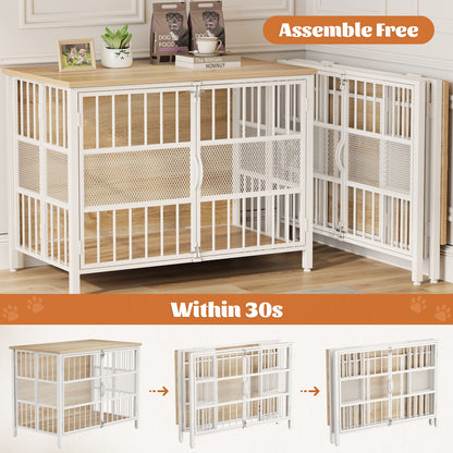 KINGTACK 41" Foldable Dog Crate Furniture, Assemble-Free Heavy Duty Dog Cage for Medium Large Dogs, Chew Resistant Dog Kennel Indoor, Folding Crate for Bedroom Living Room, White