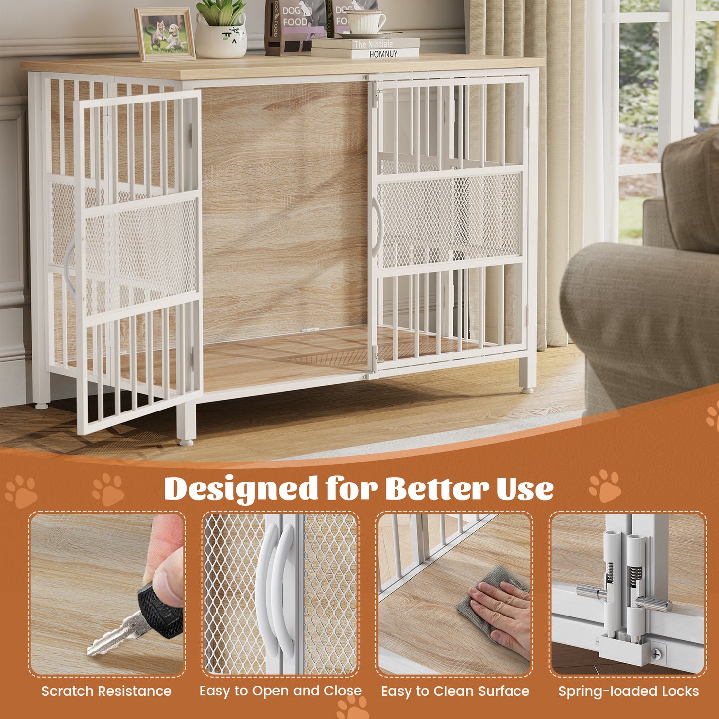 KINGTACK 41" Foldable Dog Crate Furniture, Assemble-Free Heavy Duty Dog Cage for Medium Large Dogs, Chew Resistant Dog Kennel Indoor, Folding Crate for Bedroom Living Room, White