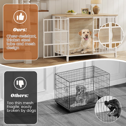 KINGTACK 41" Foldable Dog Crate Furniture, Assemble-Free Heavy Duty Dog Cage for Medium Large Dogs, Chew Resistant Dog Kennel Indoor, Folding Crate for Bedroom Living Room, White