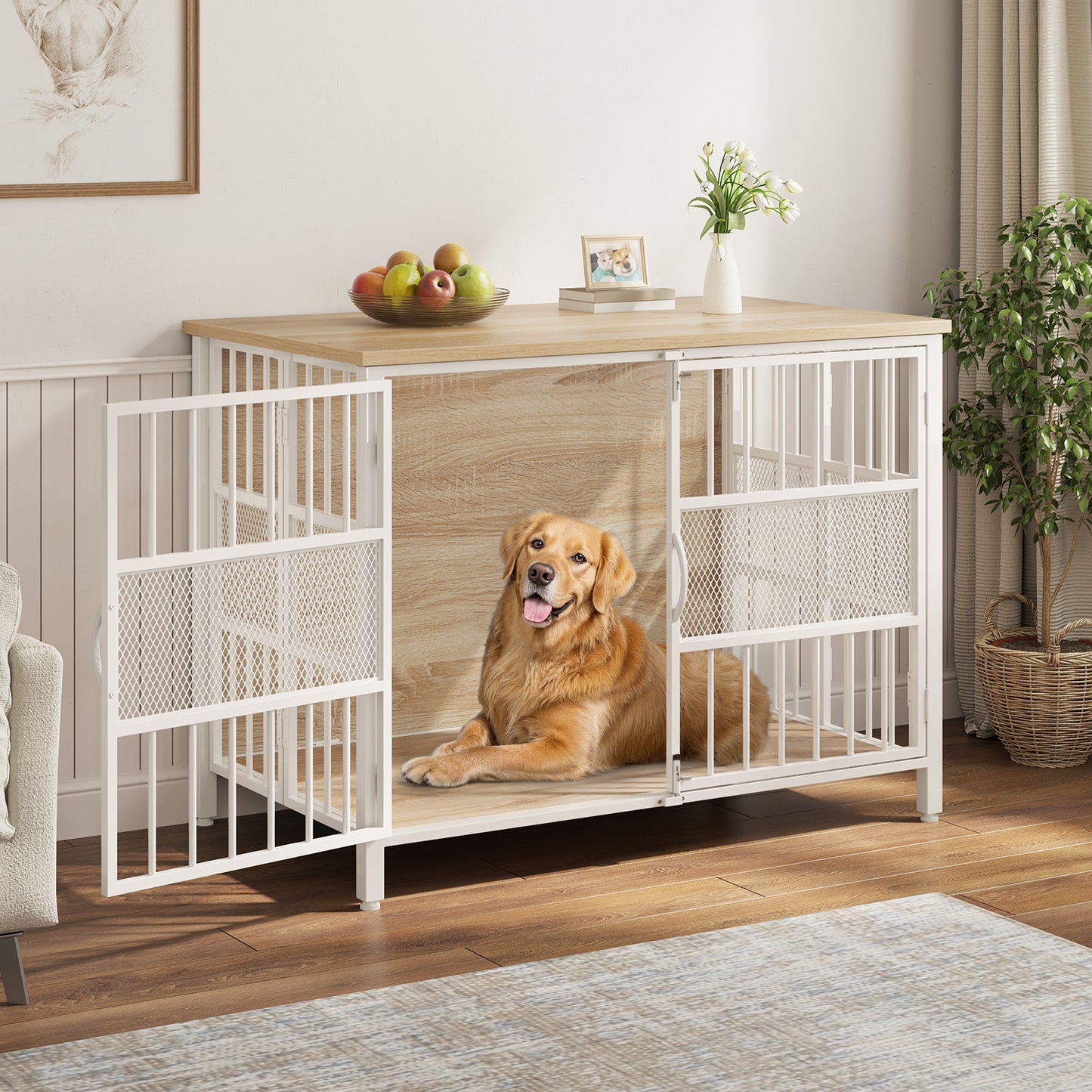 KINGTACK 41" Foldable Dog Crate Furniture, Assemble-Free Heavy Duty Dog Cage for Medium Large Dogs, Chew Resistant Dog Kennel Indoor, Folding Crate for Bedroom Living Room, White