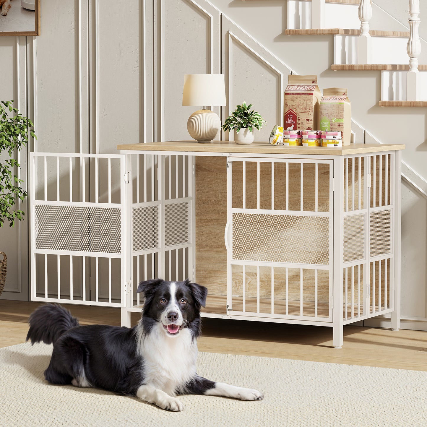 KINGTACK 41" Foldable Dog Crate Furniture, Assemble-Free Heavy Duty Dog Cage for Medium Large Dogs, Chew Resistant Dog Kennel Indoor, Folding Crate for Bedroom Living Room, White