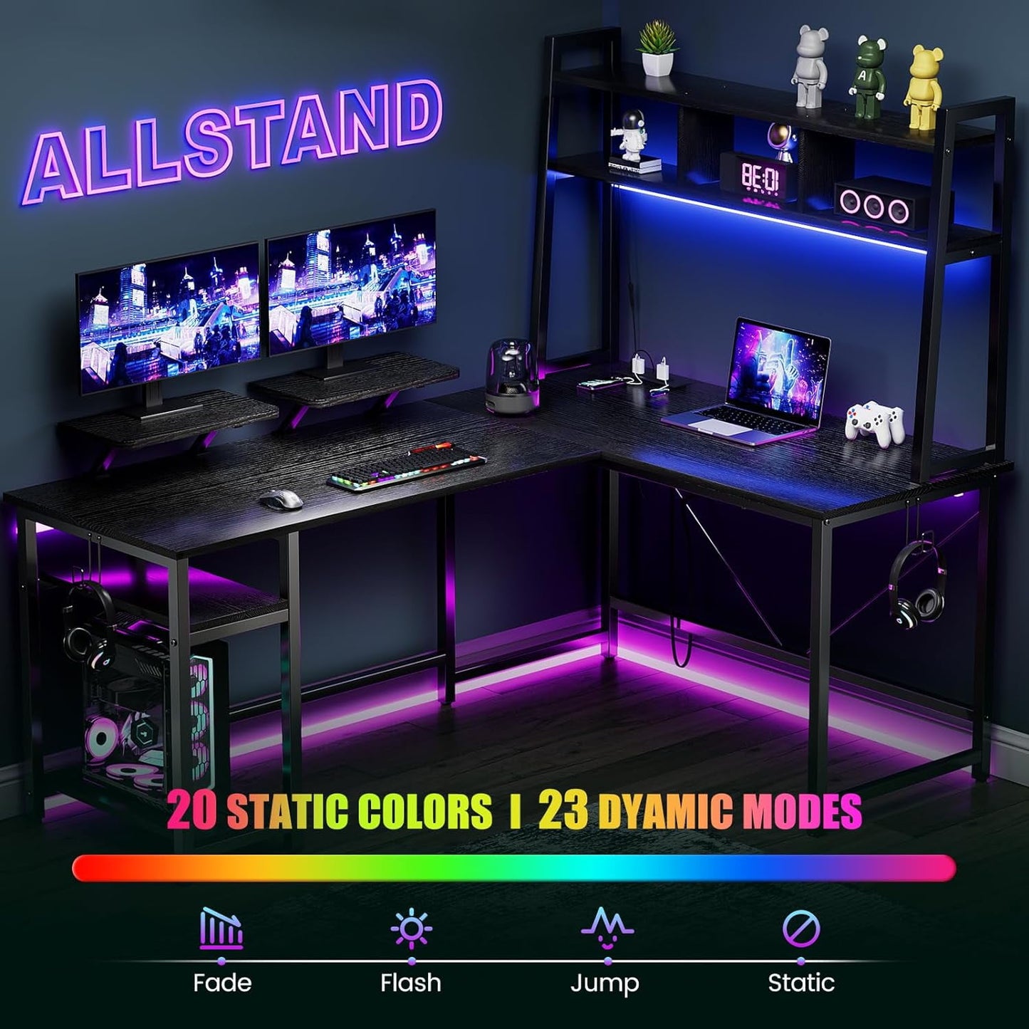 Flycity 94.5 inch L Shaped Gaming Desk with Hutch, LED Lights & Power Outlets, Ergonomic Reversible L-Shaped Gaming Desk with Storage Shelves and Monitor Stand for Home Office, Black