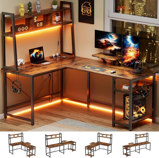 Flycity 94.5 inch L Shaped Gaming Desk with Hutch, LED Lights & Power Outlets, Ergonomic Reversible L-Shaped Gaming Desk with Storage Shelves and Monitor Stand for Home Office, Rustic Brown