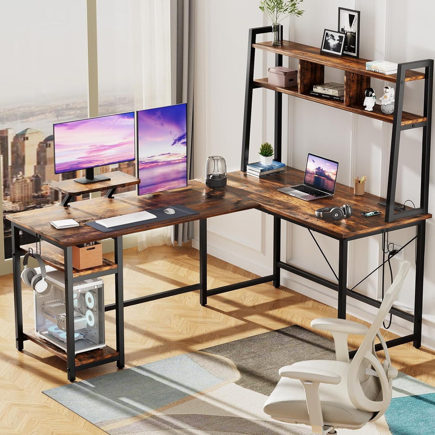 Flycity 94.5 inch L Shaped Gaming Desk with Hutch, LED Lights & Power Outlets, Ergonomic Reversible L-Shaped Gaming Desk with Storage Shelves and Monitor Stand for Home Office, Rustic Brown