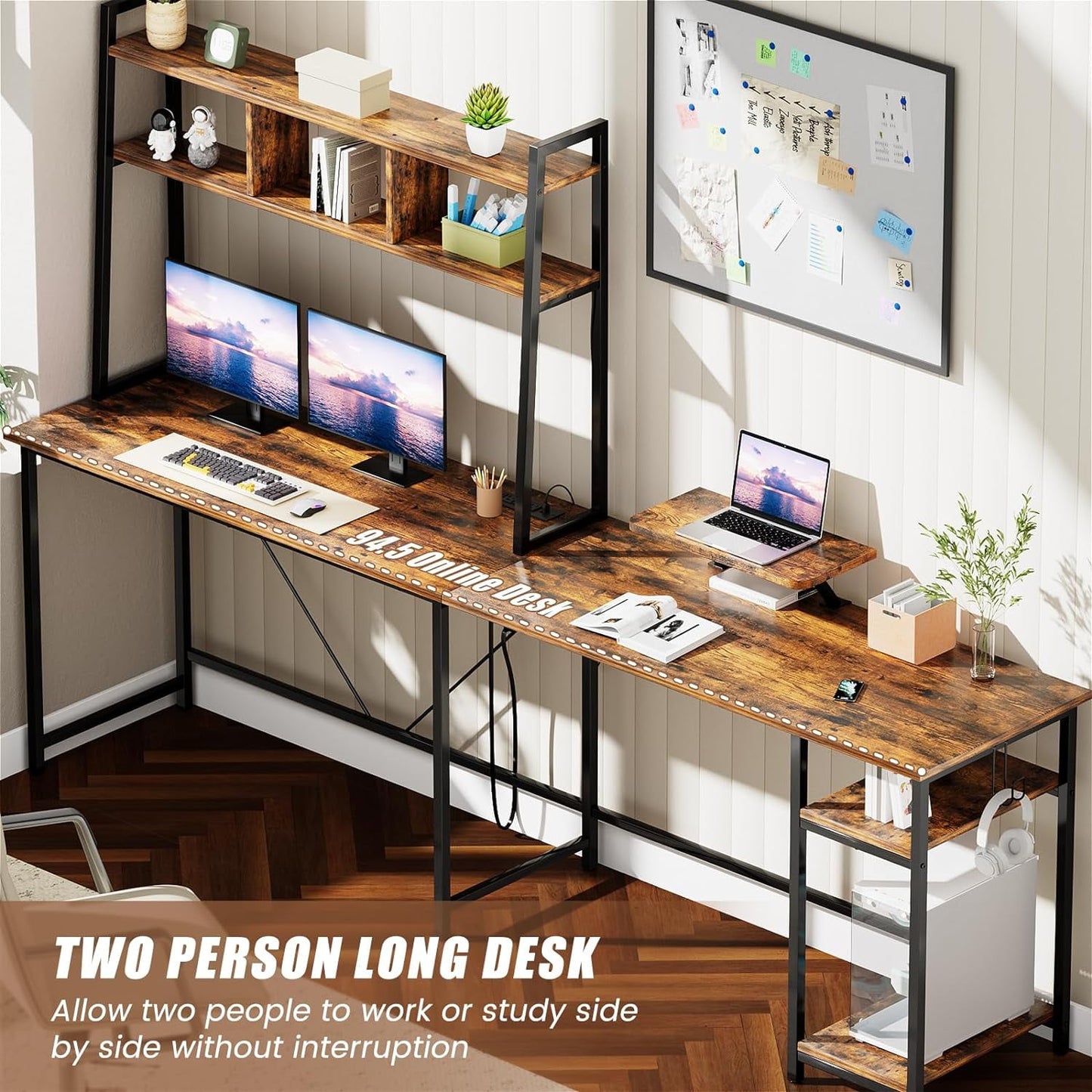 Flycity 94.5 inch L Shaped Gaming Desk with Hutch, LED Lights & Power Outlets, Ergonomic Reversible L-Shaped Gaming Desk with Storage Shelves and Monitor Stand for Home Office, Rustic Brown