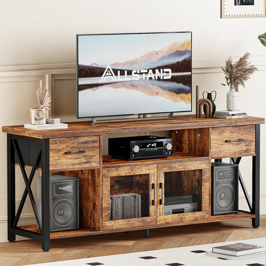 Flycity 55" TV Stand for 55-65" TVs, Industrial Entertainment Center with Storage Cabinets, Fabric Drawers & Soundbar Shelf, Media Console Table for Living Room or Bedroom